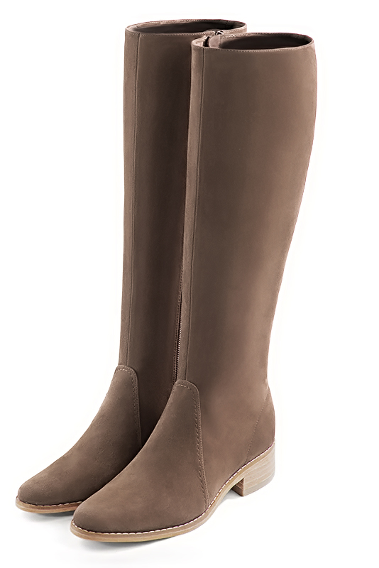 Chocolate brown women's riding knee-high boots. Round toe. Low leather soles. Made to measure. Front view - Florence KOOIJMAN